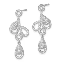 A pair of silver chandelier earrings with cubic zirconia stones arranged in ornate teardrop and leaf-shaped designs, featuring dangling teardrop pendants at the bottom.