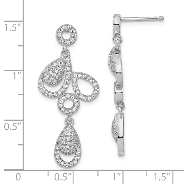 Pair of silver chandelier earrings with cubic zirconia stones featuring teardrop and circular openwork designs, shown front and side view with measurement scale.