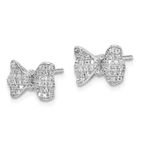 A pair of silver bow-shaped stud earrings fully paved with round diamonds, shown from the front.