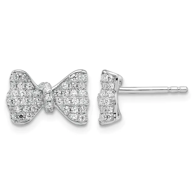 Pair of diamond-studded bow-shaped stud earrings in white metal, shown from front and side views.