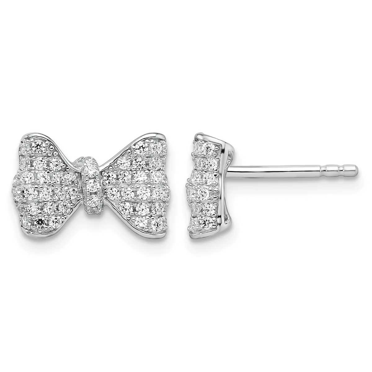 Pair of diamond-studded bow-shaped stud earrings in white metal, shown from front and side views.