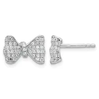 Pair of diamond-studded bow-shaped stud earrings in white metal, shown from front and side views.