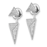 A pair of white metal drop earrings with diamond-shaped studs at the top and elongated cone-shaped pendants below, all pave-set with small round diamonds.