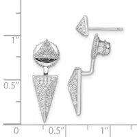 Two pairs of geometric diamond stud earrings with triangular and cone-shaped designs, shown next to a measurement scale indicating approximately one inch in length.