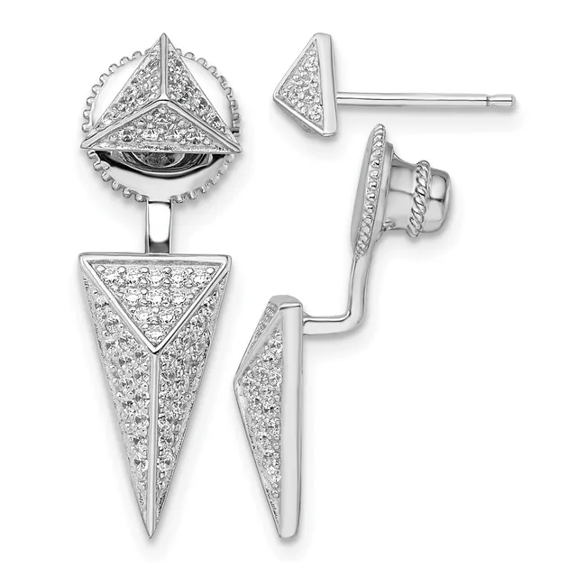 Silver drop earrings with geometric triangular designs paved with small diamonds, shown from front and back views with posts and backs visible.