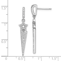 A pair of silver dangle earrings with cubic zirconia stones featuring a star design above a tapered pointed section, displayed against a measurement scale.