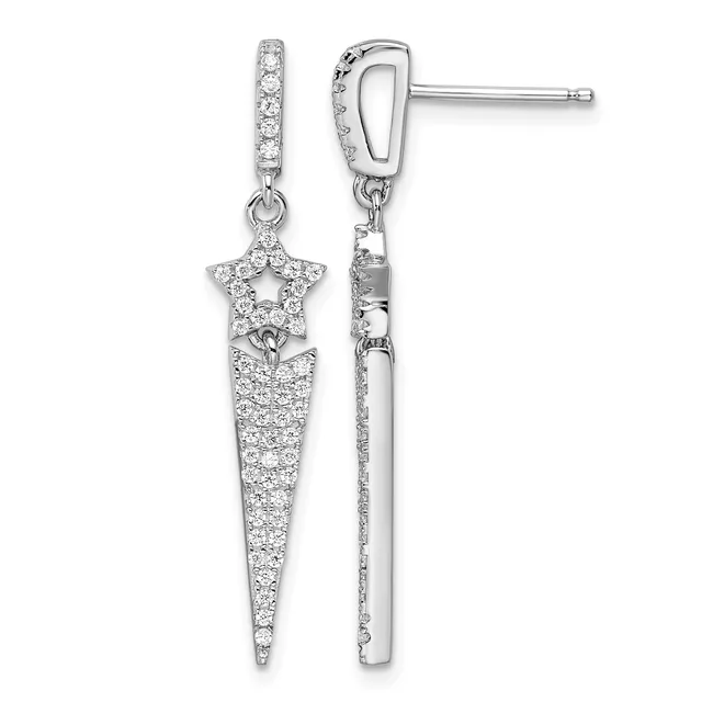 Pair of silver drop earrings with diamond-paved star and elongated cone-shaped pendants hanging from small rectangular posts, shown front and back views.