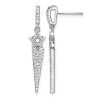 Pair of silver drop earrings with diamond-paved star and elongated cone-shaped pendants hanging from small rectangular posts, shown front and back views.