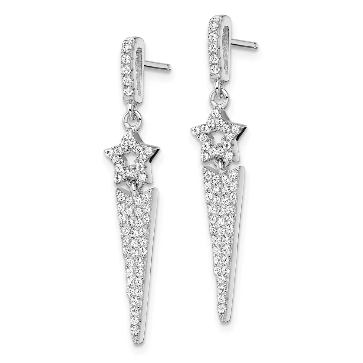 Pair of silver drop earrings with cubic zirconia stones forming a tapered spike shape and decorative star accent, shown against a white background.