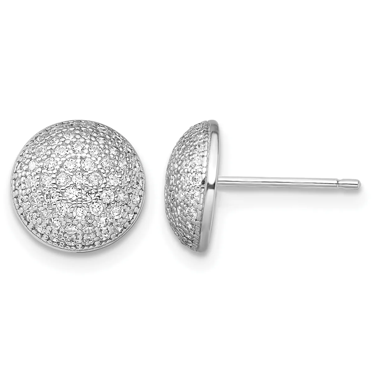 A pair of silver stud earrings with dome-shaped heads densely paved with round diamonds, shown from front and side views.