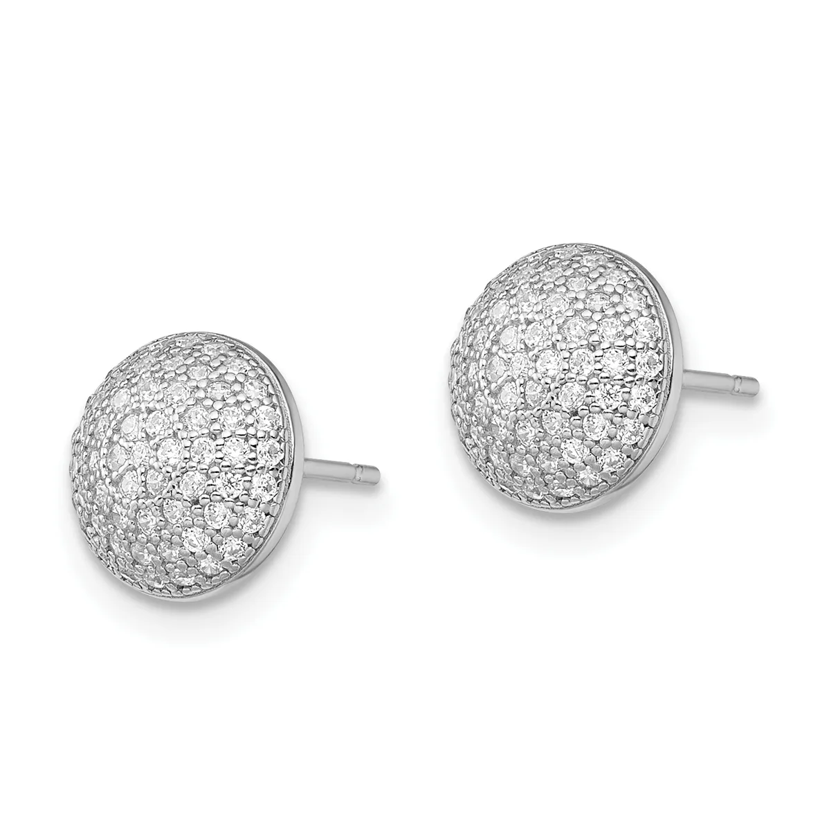 A pair of silver stud earrings with oval dome faces densely set with round diamonds, displayed against a white background.
