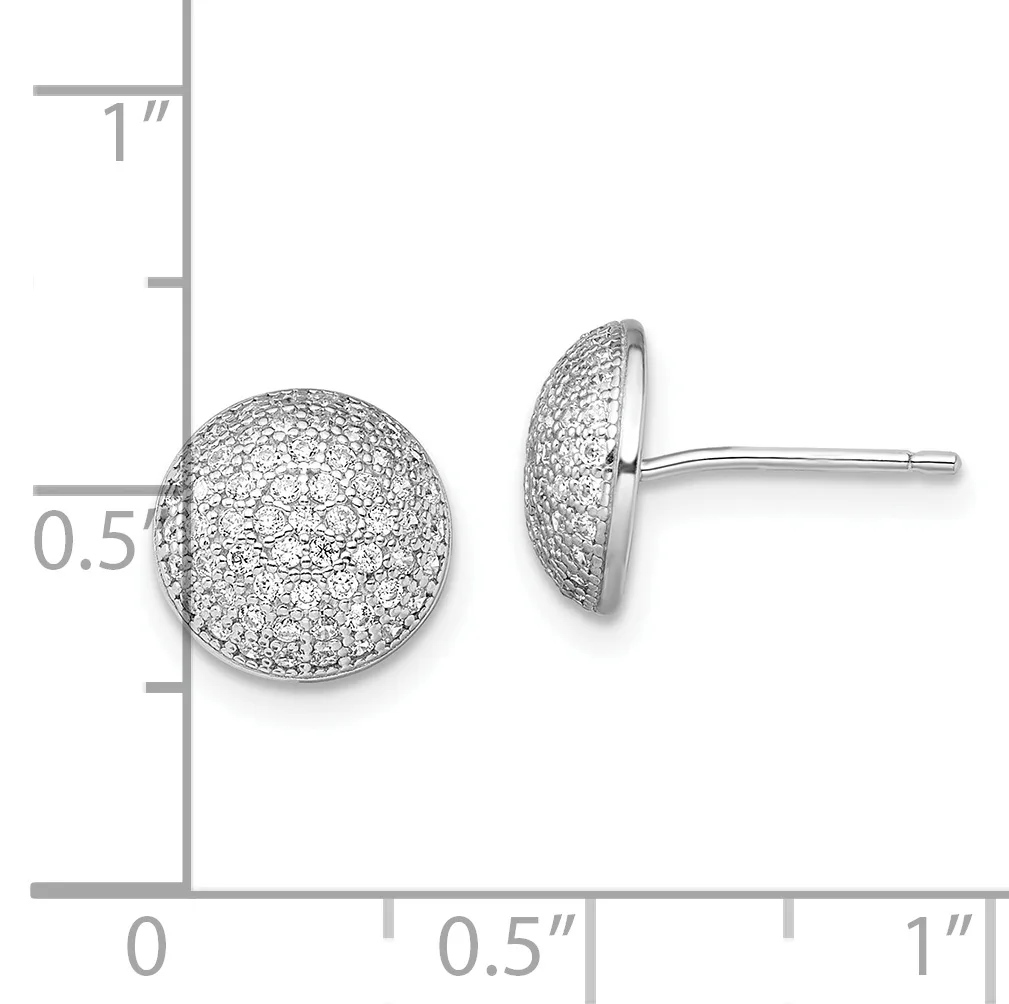 A pair of round stud earrings with textured silver finish shown next to a ruler measuring approximately 0.5 inches in diameter.