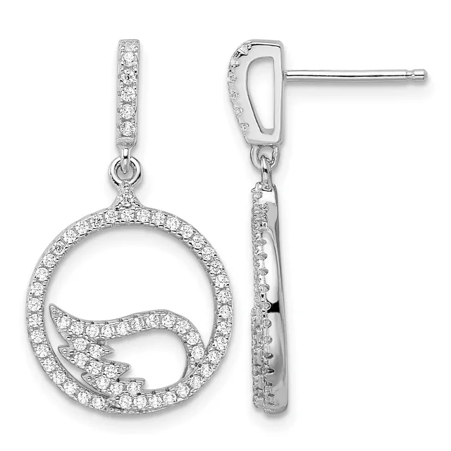 Pair of silver dangle earrings with diamond-paved posts and circular pendants featuring curved wave designs set with round diamonds.