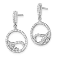 Pair of silver drop earrings with cubic zirconia stones forming circular frames with curved wave details inside, shown from front view.