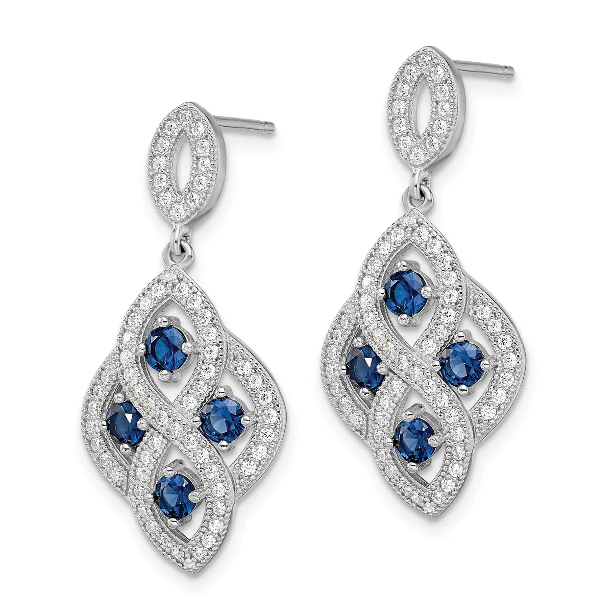 A pair of silver drop earrings with oval studs featuring five blue sapphires each set within diamond-patterned frames, displayed against a white background.
