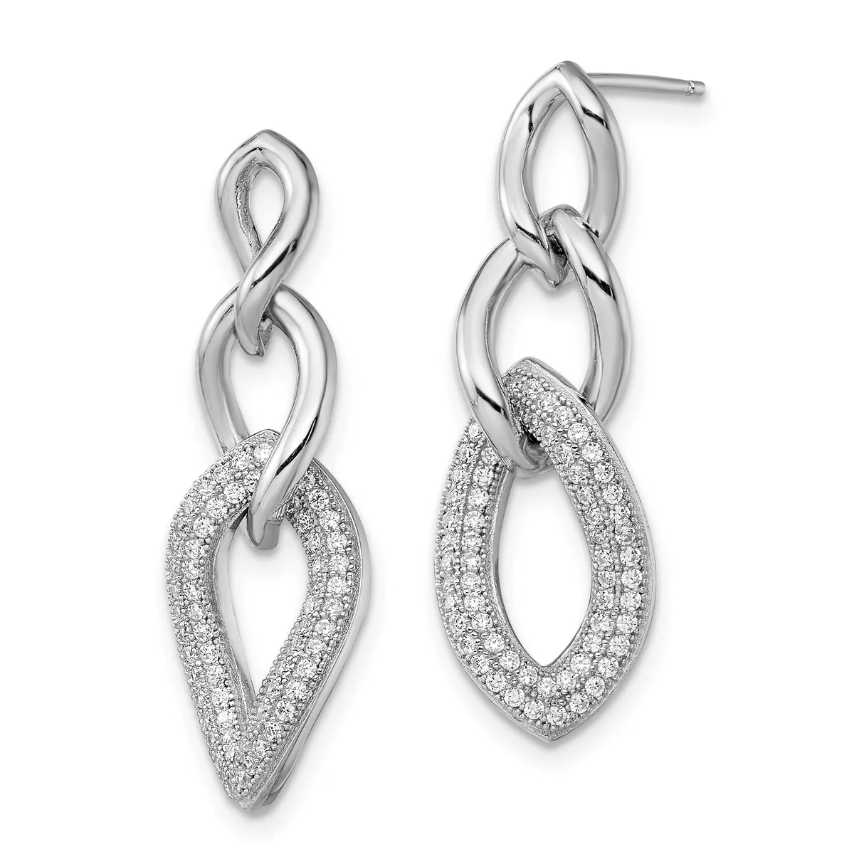 A pair of silver drop earrings with twisted upper links connected to oval-shaped lower links paved with small diamonds.