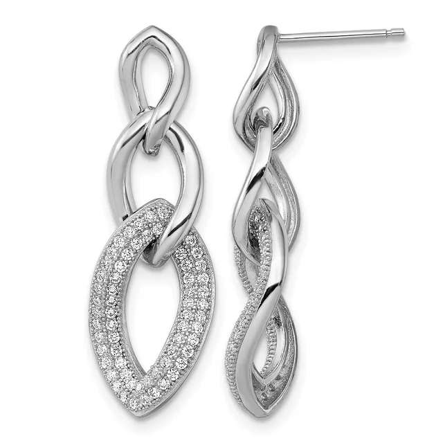 A pair of silver dangle earrings featuring connected oval links, with the lower oval pave-set with small diamonds, shown from front and side views.