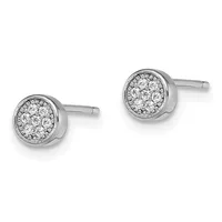 A pair of round diamond stud earrings in white metal with a beaded border, shown from the front against a white background.