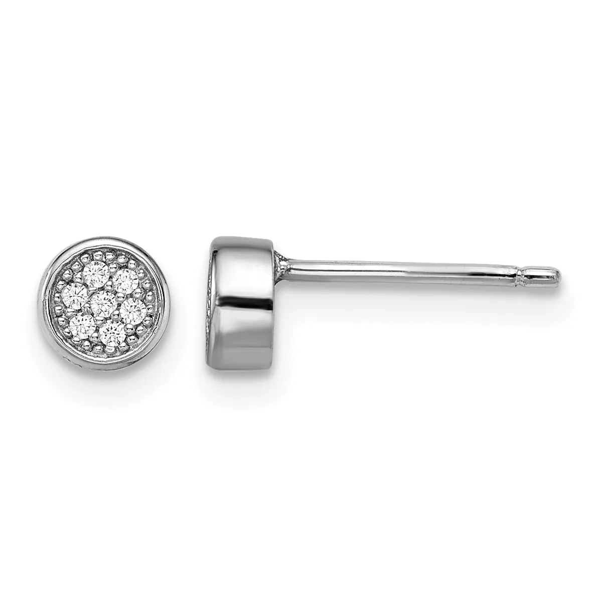 Pair of round stud earrings in white metal with clustered diamonds set in bezels, shown from front and side views on posts with backing.