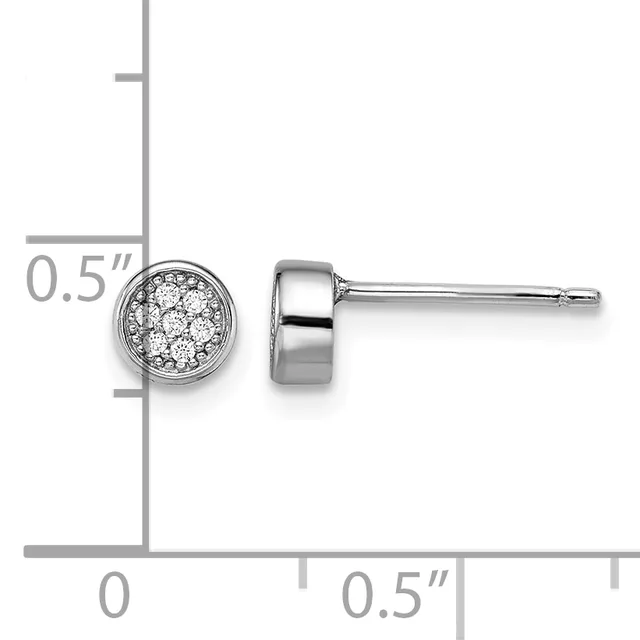 A pair of silver stud earrings with circular diamond-set faces shown next to a ruler indicating they are approximately 0.5 inches in diameter.