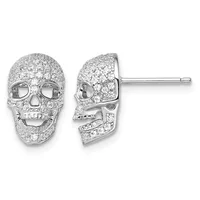 Pair of silver skull-shaped stud earrings completely covered in cubic zirconia stones, shown from front and side views with a post and backing visible.