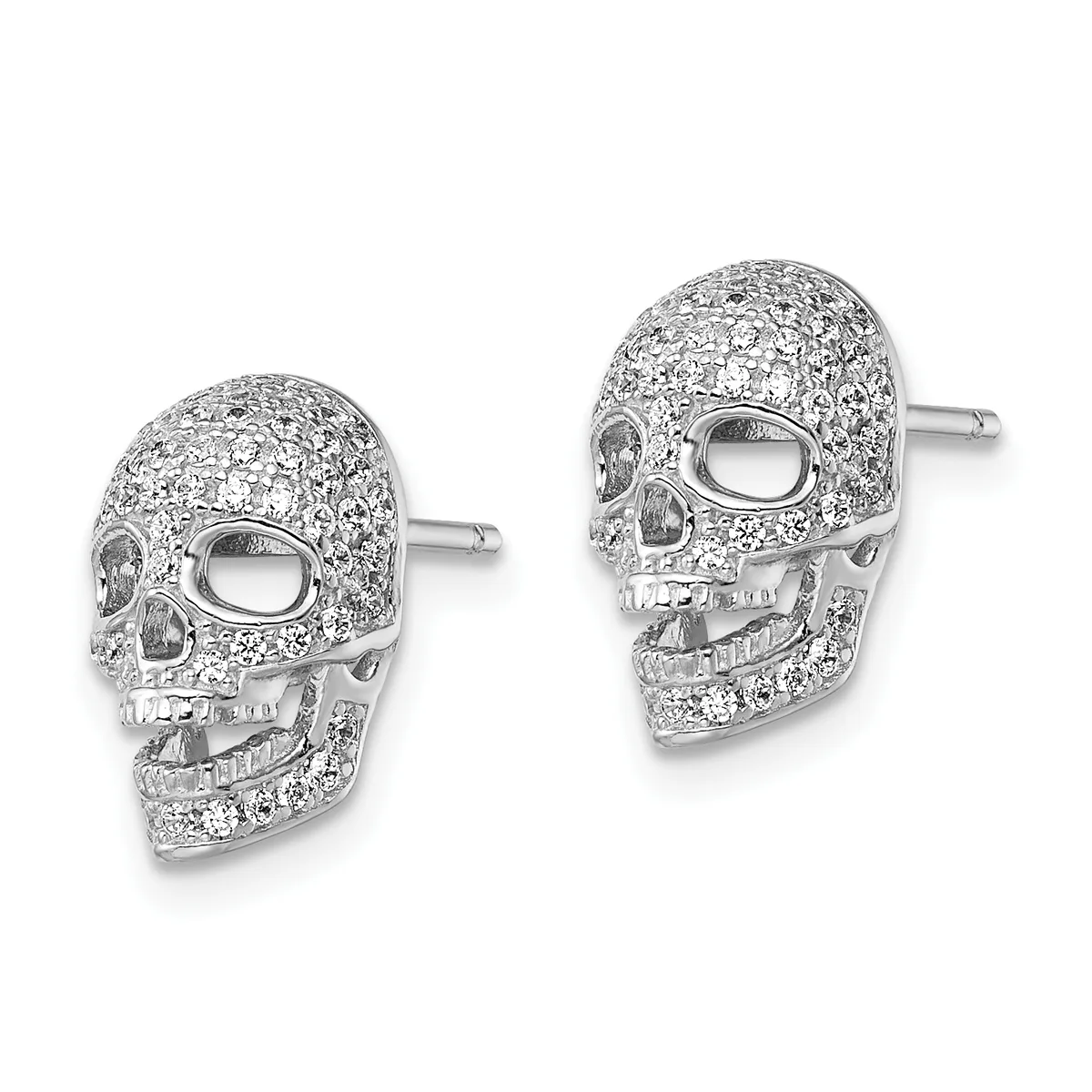 A pair of silver skull-shaped stud earrings with pave-set cubic zirconia covering the entire surface, displayed against a white background.