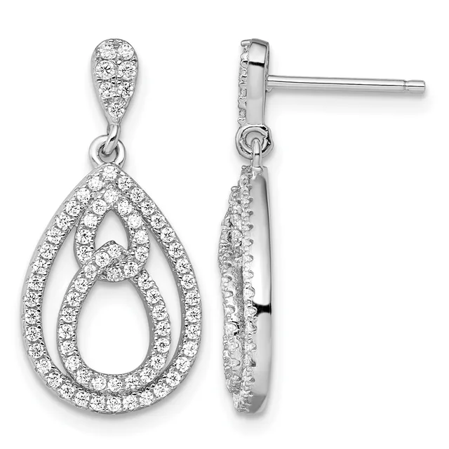 Pair of silver teardrop earrings with diamond pave settings and open geometric designs, shown from front and side views.