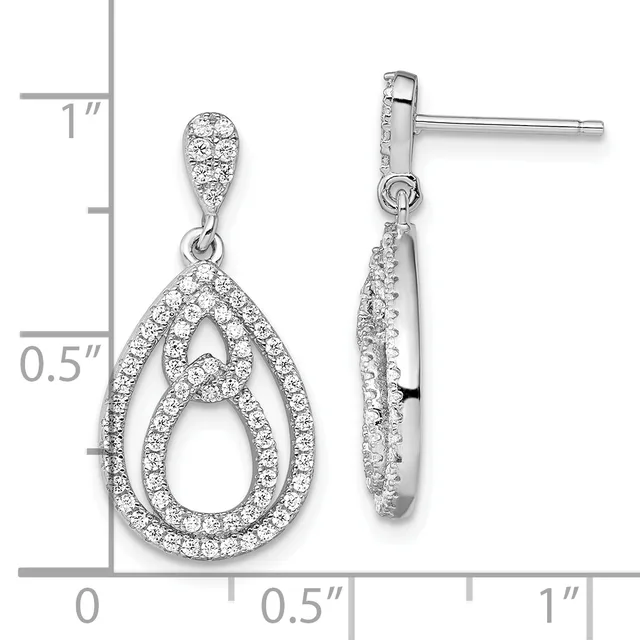 Pair of silver teardrop earrings with cubic zirconia pavé settings, shown front and back view with measurement scale.