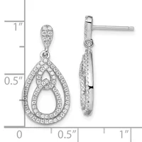 Pair of silver teardrop earrings with cubic zirconia pavé settings, shown front and back view with measurement scale.