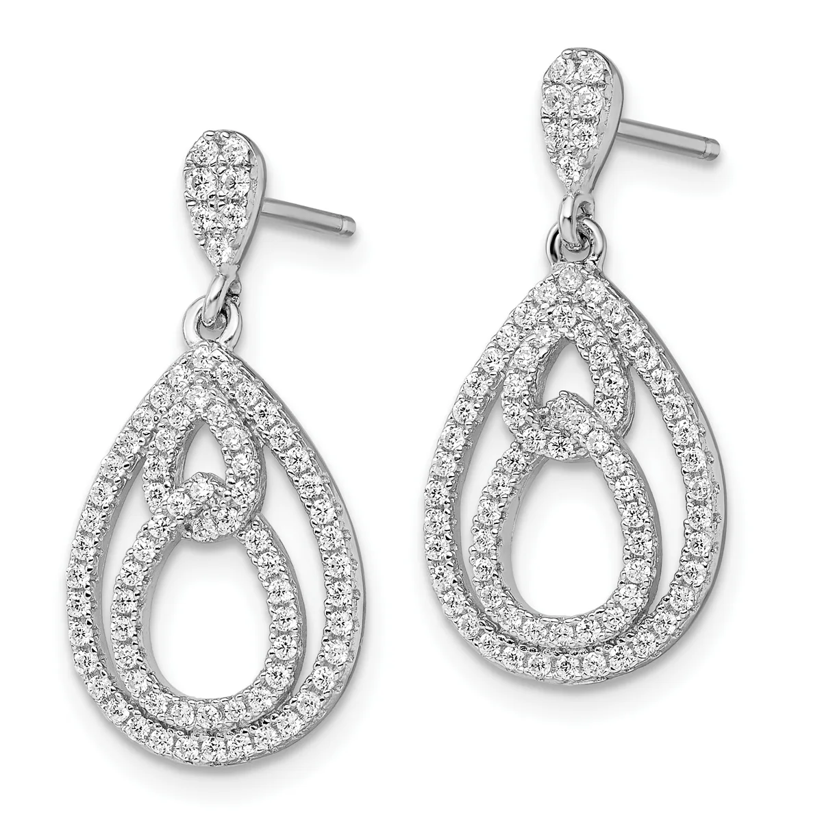 A pair of silver teardrop dangle earrings with pave-set diamonds throughout, featuring nested teardrop cutouts, displayed against a white background.