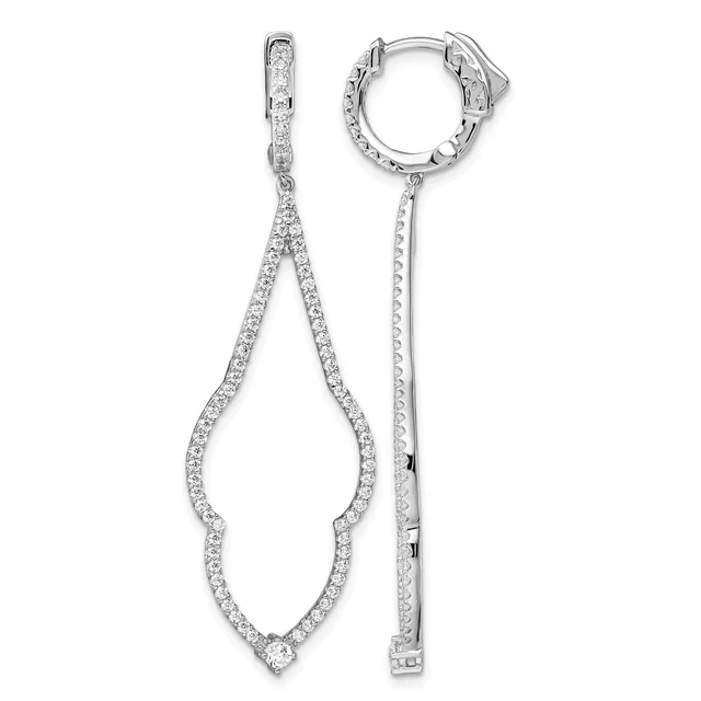 Pair of silver drop earrings with cubic zirconia stones arranged in an open teardrop design, shown from front and back views.