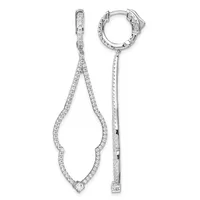 Pair of silver drop earrings with cubic zirconia stones arranged in an open teardrop design, shown from front and back views.