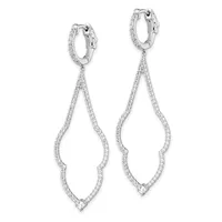 A pair of silver teardrop chandelier earrings with diamond pavé detailing throughout, shown hanging against a white background.