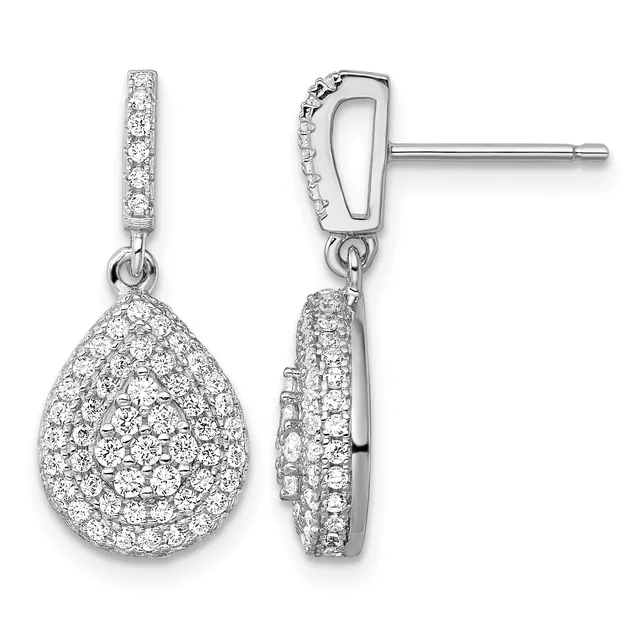 A pair of silver teardrop earrings with pave-set diamonds on the drops and posts, shown from front and side views.