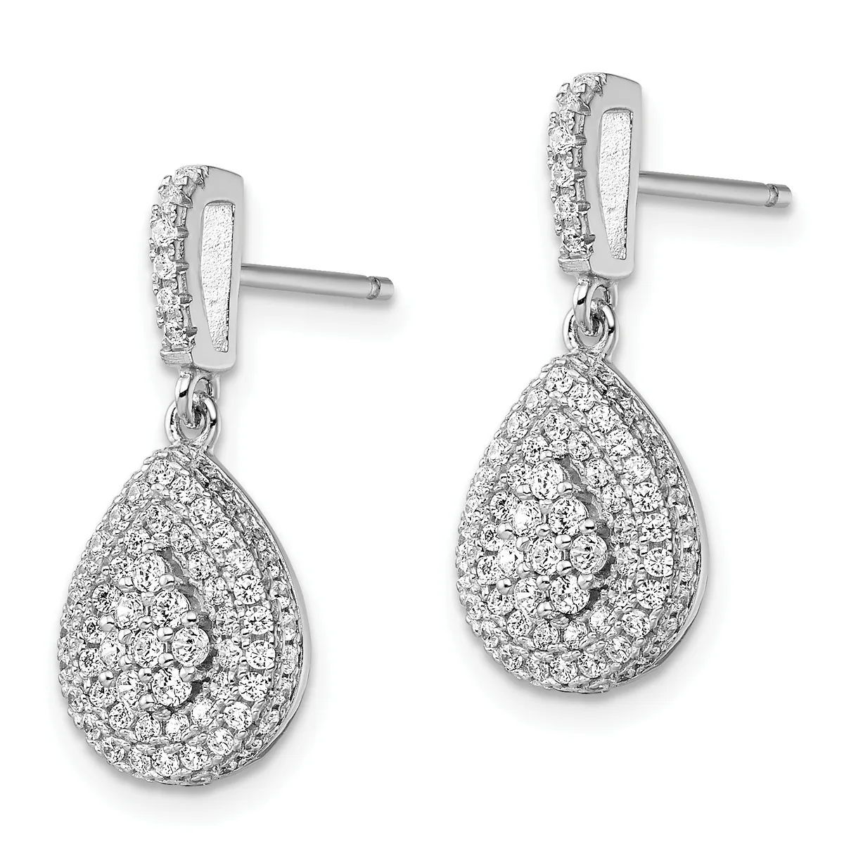 Pair of silver drop earrings with rectangular studs topped by pave diamonds, each suspending a teardrop-shaped pendant densely set with round diamonds.