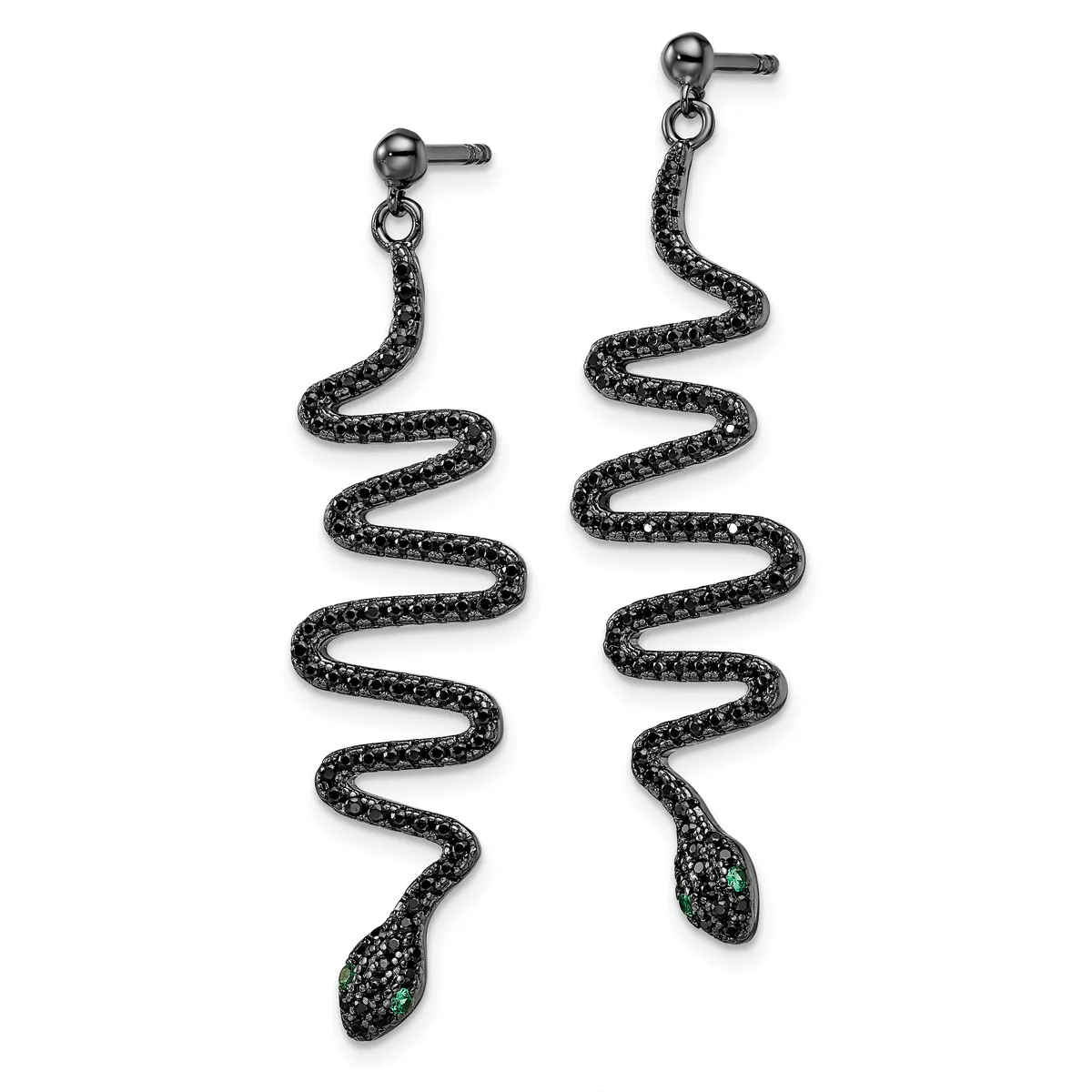 Pair of dangling snake-shaped earrings with black pavé crystals and green gemstone eyes, suspended from stud posts.