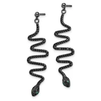 Pair of dangling snake-shaped earrings with black pavé crystals and green gemstone eyes, suspended from stud posts.