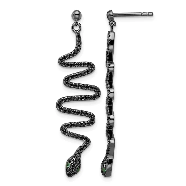 A pair of black metal snake-shaped dangle earrings with textured surfaces and small round studs, shown from front and back views.