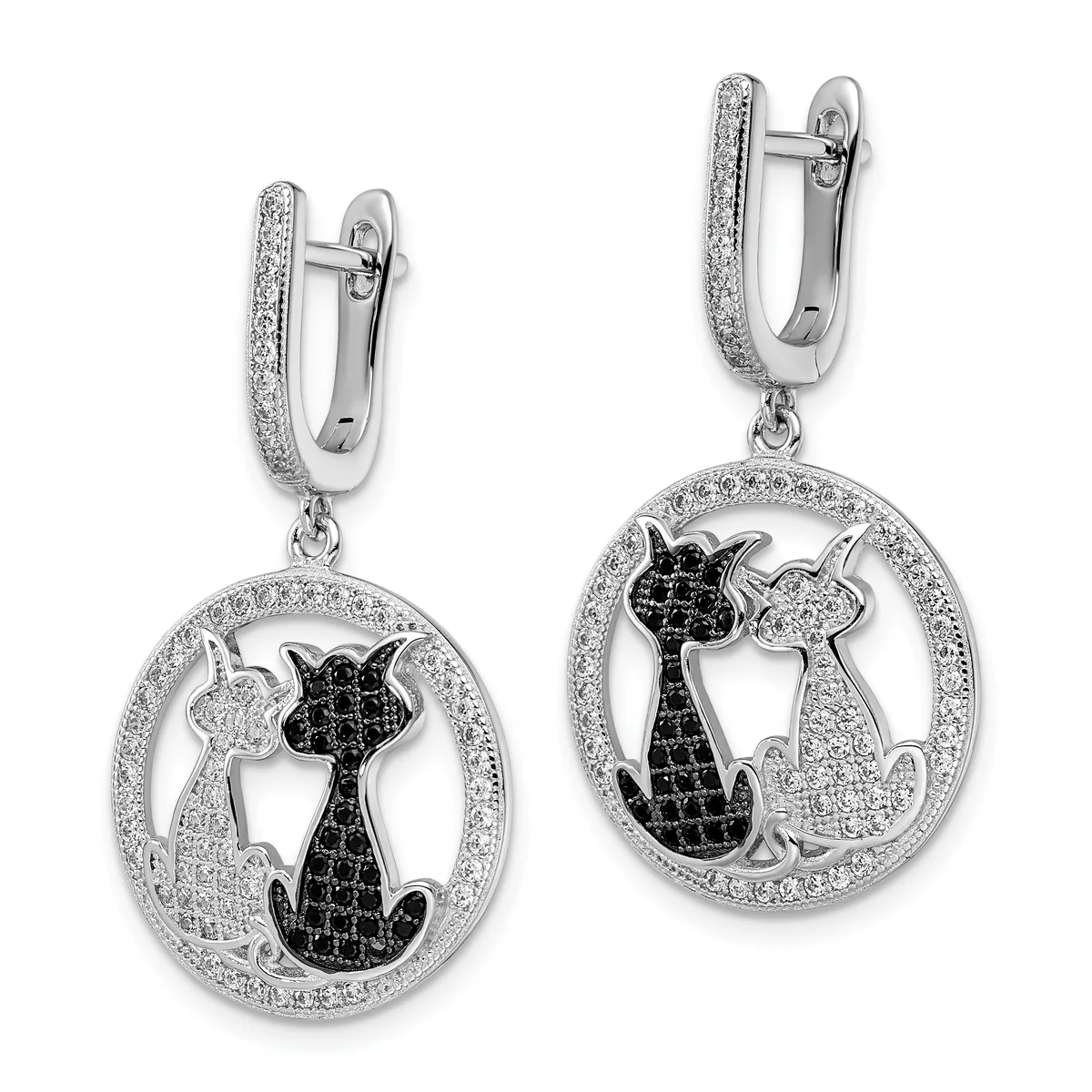Pair of silver drop earrings featuring oval frames paved with clear crystals, each suspending an oval pendant with two cat silhouettes, one black and one clear, surrounded by crystal paving.