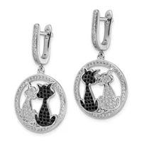 Pair of silver drop earrings featuring oval frames paved with clear crystals, each suspending an oval pendant with two cat silhouettes, one black and one clear, surrounded by crystal paving.