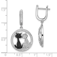 Pair of silver earrings with U-shaped posts featuring circular pendants with black and clear cubic zirconia cat silhouettes, shown at actual size on a measurement scale.