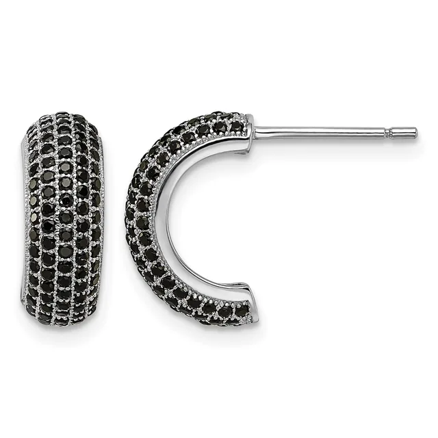 A pair of silver hoop earrings densely set with black stones in a pave pattern, shown from the front and side view.