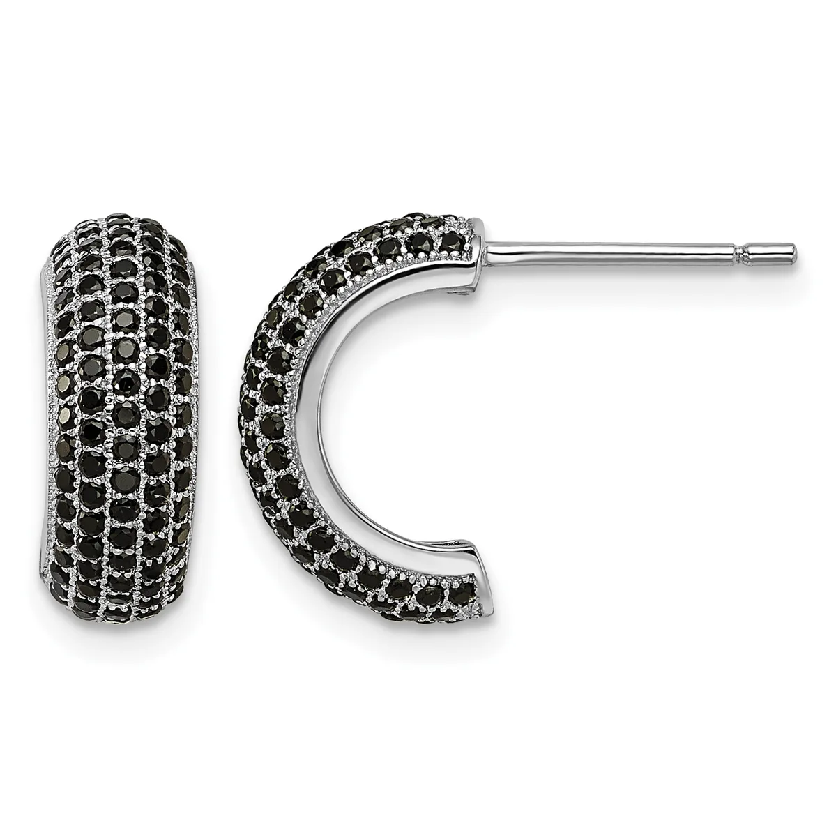 A pair of silver hoop earrings densely set with black stones in a pave pattern, shown from the front and side view.
