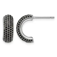 A pair of silver hoop earrings densely set with black stones in a pave pattern, shown from the front and side view.