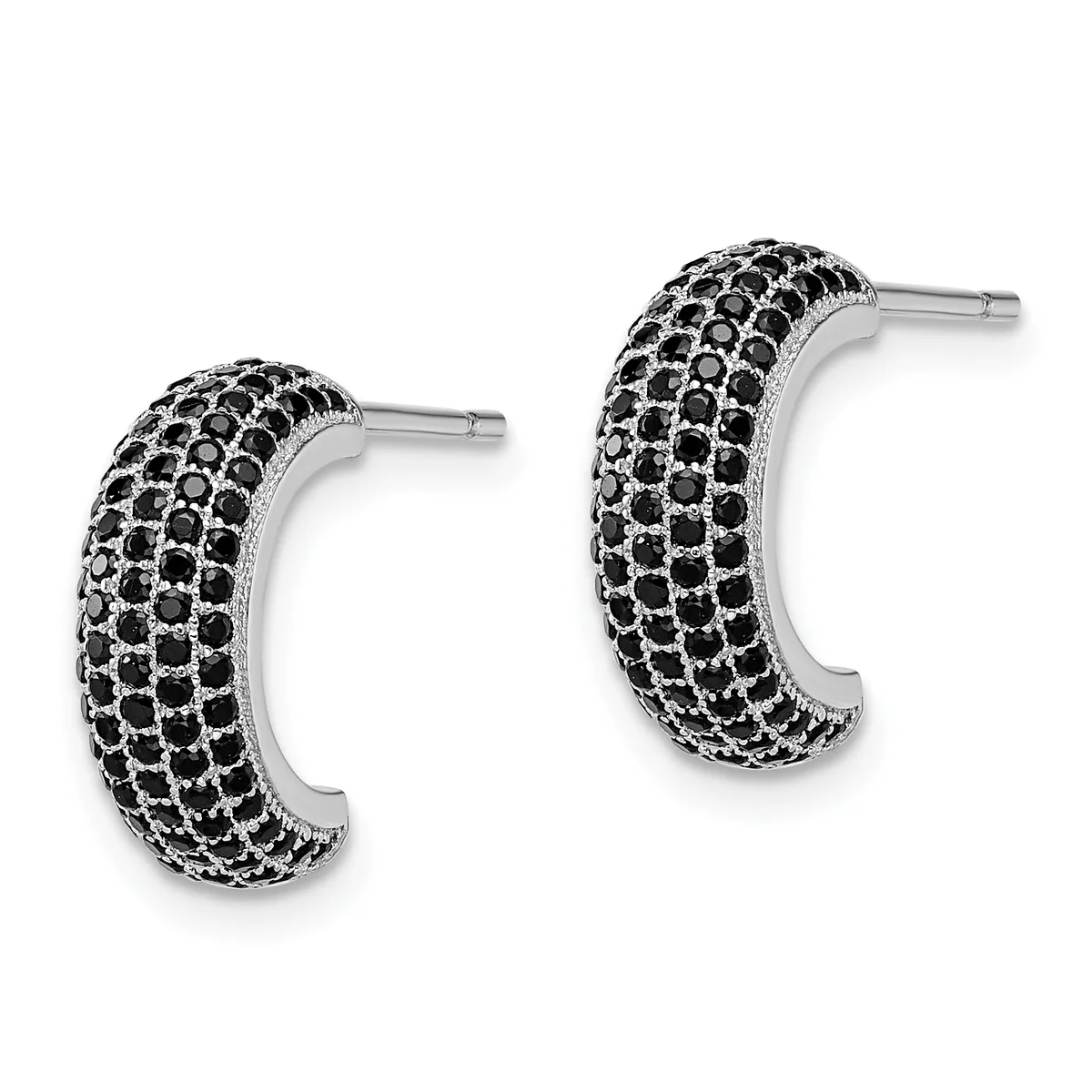 A pair of silver-toned hoop earrings with black gemstones set densely across the curved surface, shown against a white background.