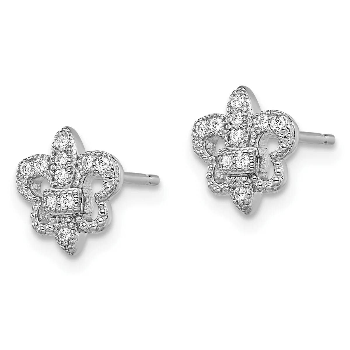 A pair of silver fleur-de-lis shaped stud earrings with pave-set diamonds throughout, shown from the front against a white background.