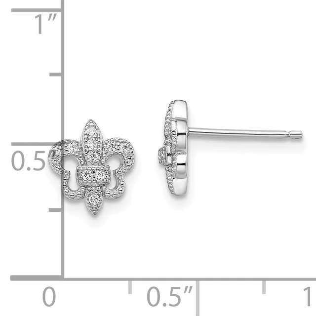 A pair of silver fleur-de-lis stud earrings with diamond pavé settings, shown front and side view with a measurement scale indicating approximately 0.5 inches in height.