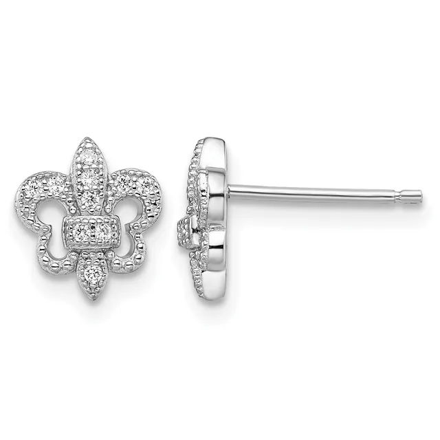 A pair of fleur-de-lis shaped stud earrings with diamond pavé settings shown from front and side views against a white background.