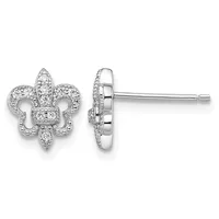 A pair of fleur-de-lis shaped stud earrings with diamond pavé settings shown from front and side views against a white background.