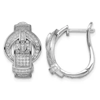 A pair of silver hoop earrings with textured surfaces and circular openwork designs, shown from front and side views.